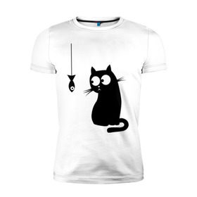 Мужская футболка премиум с принтом Кот и рыба , 92% хлопок, 8% лайкра | приталенный силуэт, круглый вырез ворота, длина до линии бедра, короткий рукав | киса | киска | котенок | котик | котэ | кошка | рыбка