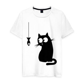 Мужская футболка хлопок с принтом Кот и рыба , 100% хлопок | прямой крой, круглый вырез горловины, длина до линии бедер, слегка спущенное плечо. | Тематика изображения на принте: киса | киска | котенок | котик | котэ | кошка | рыбка