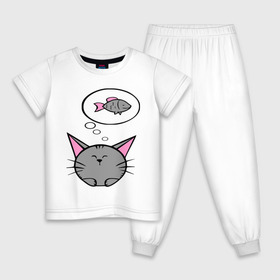 Детская пижама хлопок с принтом Кот и рыбка (2) , 100% хлопок |  брюки и футболка прямого кроя, без карманов, на брюках мягкая резинка на поясе и по низу штанин
 | девушкам | киса | котенок | котик | кошка | кошки | рыба | серый кот