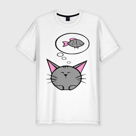 Мужская футболка премиум с принтом Кот и рыбка (2) , 92% хлопок, 8% лайкра | приталенный силуэт, круглый вырез ворота, длина до линии бедра, короткий рукав | Тематика изображения на принте: девушкам | киса | котенок | котик | кошка | кошки | рыба | серый кот