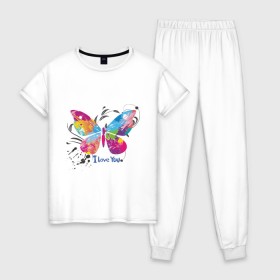 Женская пижама хлопок с принтом Бабочка - I Love You , 100% хлопок | брюки и футболка прямого кроя, без карманов, на брюках мягкая резинка на поясе и по низу штанин | крылья