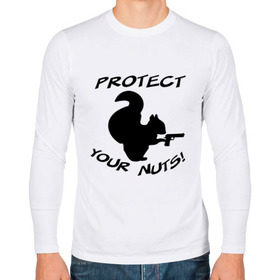 Мужской лонгслив хлопок с принтом Protect your nuts , 100% хлопок |  | белка | белочка | вооруженная | защищай | зверь | орехи | оружие | пистолет | свои