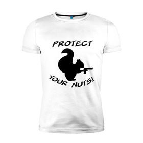 Мужская футболка премиум с принтом Protect your nuts , 92% хлопок, 8% лайкра | приталенный силуэт, круглый вырез ворота, длина до линии бедра, короткий рукав | Тематика изображения на принте: белка | белочка | вооруженная | защищай | зверь | орехи | оружие | пистолет | свои