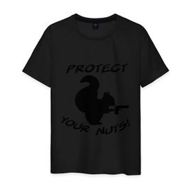 Мужская футболка хлопок с принтом Protect your nuts , 100% хлопок | прямой крой, круглый вырез горловины, длина до линии бедер, слегка спущенное плечо. | белка | белочка | вооруженная | защищай | зверь | орехи | оружие | пистолет | свои
