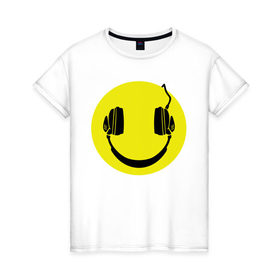 Женская футболка хлопок с принтом Смайлик-наушники , 100% хлопок | прямой крой, круглый вырез горловины, длина до линии бедер, слегка спущенное плечо | smile | наушники | смайл | смайлик | смайлики | улыбка