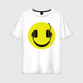 Женская футболка хлопок Oversize с принтом Смайлик-наушники , 100% хлопок | свободный крой, круглый ворот, спущенный рукав, длина до линии бедер
 | smile | наушники | смайл | смайлик | смайлики | улыбка
