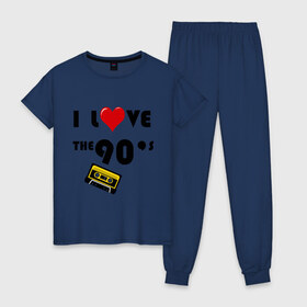 Женская пижама хлопок с принтом i love 90\s , 100% хлопок | брюки и футболка прямого кроя, без карманов, на брюках мягкая резинка на поясе и по низу штанин | 90 e | i love | i love the 90s | касета | кассета | музыка | музыка 90 х | я люблю | я люблю 90е