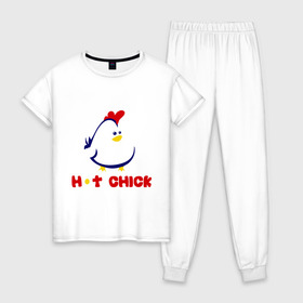 Женская пижама хлопок с принтом Hot Chick , 100% хлопок | брюки и футболка прямого кроя, без карманов, на брюках мягкая резинка на поясе и по низу штанин | горячая | курица | курочка | цыпленок | чика