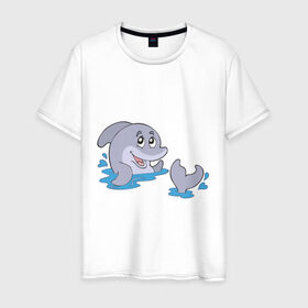 Мужская футболка хлопок с принтом Плескание дельфина , 100% хлопок | прямой крой, круглый вырез горловины, длина до линии бедер, слегка спущенное плечо. | дельфин | дельфин в воде | животные | играющий кит | млекопитающие | рыбы