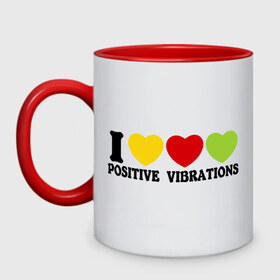 Кружка двухцветная с принтом I Love Positive Vibrations , керамика | объем — 330 мл, диаметр — 80 мм. Цветная ручка и кайма сверху, в некоторых цветах — вся внутренняя часть | 