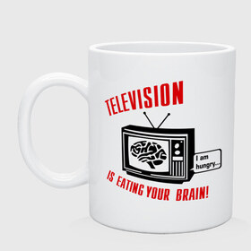 Кружка с принтом Телевидение ест твой мозг , керамика | объем — 330 мл, диаметр — 80 мм. Принт наносится на бока кружки, можно сделать два разных изображения | eating your brain | hungry | television | антенна | передача | программа | телевизор | телешоу | телик | ящик