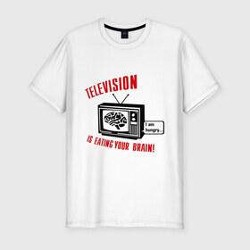 Мужская футболка премиум с принтом Телевидение ест твой мозг , 92% хлопок, 8% лайкра | приталенный силуэт, круглый вырез ворота, длина до линии бедра, короткий рукав | Тематика изображения на принте: eating your brain | hungry | television | антенна | передача | программа | телевизор | телешоу | телик | ящик