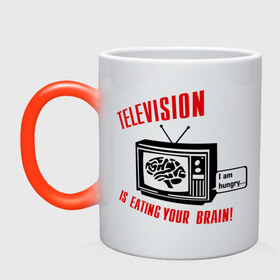 Кружка хамелеон с принтом Телевидение ест твой мозг , керамика | меняет цвет при нагревании, емкость 330 мл | eating your brain | hungry | television | антенна | передача | программа | телевизор | телешоу | телик | ящик