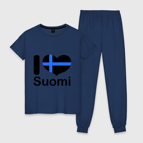 Женская пижама хлопок с принтом Love Suomi , 100% хлопок | брюки и футболка прямого кроя, без карманов, на брюках мягкая резинка на поясе и по низу штанин | suomi | курорты | курорты финляндии | люблю финляндию | отдых | финляндия