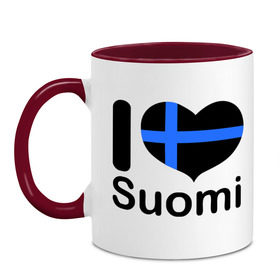 Кружка двухцветная с принтом Love Suomi , керамика | объем — 330 мл, диаметр — 80 мм. Цветная ручка и кайма сверху, в некоторых цветах — вся внутренняя часть | suomi | курорты | курорты финляндии | люблю финляндию | отдых | финляндия