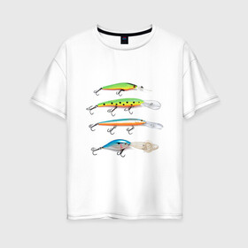 Женская футболка хлопок Oversize с принтом Приманки , 100% хлопок | свободный крой, круглый ворот, спущенный рукав, длина до линии бедер
 | для рыбаков | крючок | наживка | наживки | приманка | рыба | рыбак | рыбакам | рыбалка