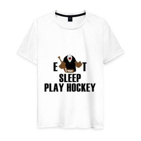 Мужская футболка хлопок с принтом Eat sleep play hockey , 100% хлопок | прямой крой, круглый вырез горловины, длина до линии бедер, слегка спущенное плечо. | Тематика изображения на принте: hockey | nhl | ешь | играй в хоккей | нхл | спи | хоккей