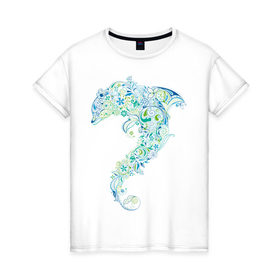 Женская футболка хлопок с принтом Абстрактный дельфин , 100% хлопок | прямой крой, круглый вырез горловины, длина до линии бедер, слегка спущенное плечо | Тематика изображения на принте: абстрактный дельфин | дельфин | животные | морские животные | орнамент | рисунок | цветочный орнамент