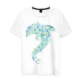 Мужская футболка хлопок с принтом Абстрактный дельфин , 100% хлопок | прямой крой, круглый вырез горловины, длина до линии бедер, слегка спущенное плечо. | Тематика изображения на принте: абстрактный дельфин | дельфин | животные | морские животные | орнамент | рисунок | цветочный орнамент