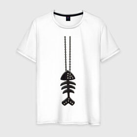 Мужская футболка хлопок с принтом Кулон рыба , 100% хлопок | прямой крой, круглый вырез горловины, длина до линии бедер, слегка спущенное плечо. | скелет