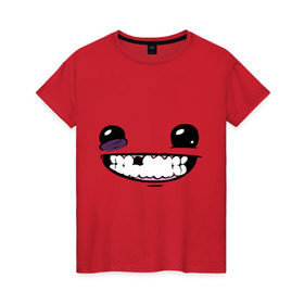 Женская футболка хлопок с принтом Super Meat Boy: Face , 100% хлопок | прямой крой, круглый вырез горловины, длина до линии бедер, слегка спущенное плечо | Тематика изображения на принте: зубастик | зубы | игра | компьютерные игры | лицо | рожа | рожица