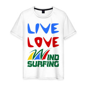 Мужская футболка хлопок с принтом Виндсерфинг , 100% хлопок | прямой крой, круглый вырез горловины, длина до линии бедер, слегка спущенное плечо. | Тематика изображения на принте: live | love | sport | wind surfing | windsurfing | экстремальный | экстрим