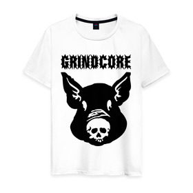 Мужская футболка хлопок с принтом Grindcore (pig) , 100% хлопок | прямой крой, круглый вырез горловины, длина до линии бедер, слегка спущенное плечо. | Тематика изображения на принте: grindcore | gringcore | metal | rock | trash | гpайндкор | метал | рок музыка | треш | трэш