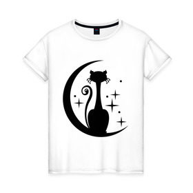 Женская футболка хлопок с принтом Кошка на луне , 100% хлопок | прямой крой, круглый вырез горловины, длина до линии бедер, слегка спущенное плечо | Тематика изображения на принте: звезды | киса | луна | месяц | ночная | ночь