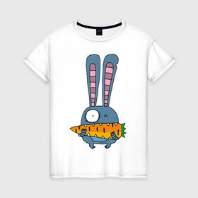 Женская футболка хлопок с принтом заяц с морковкой , 100% хлопок | прямой крой, круглый вырез горловины, длина до линии бедер, слегка спущенное плечо | животные | зайчик | заяц | заяц с морковкой | морковка