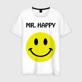Мужская футболка хлопок с принтом мистер счастье , 100% хлопок | прямой крой, круглый вырез горловины, длина до линии бедер, слегка спущенное плечо. | happy | mr. happy | smile | мистер хэппи | рожица | смайл | смайлик | счастье
