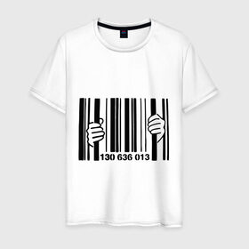 Мужская футболка хлопок с принтом штрих код тюрьма , 100% хлопок | прямой крой, круглый вырез горловины, длина до линии бедер, слегка спущенное плечо. | руки штрих код | штрих код