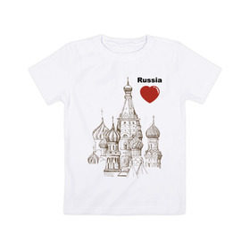 Детская футболка хлопок с принтом Люблю Россию (Кремль) , 100% хлопок | круглый вырез горловины, полуприлегающий силуэт, длина до линии бедер | moscow | russia | государство | москва | патриот | родина | россия | страна | я русский