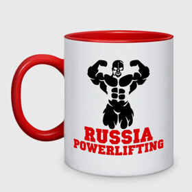 Кружка двухцветная с принтом Russia Powerlifting , керамика | объем — 330 мл, диаметр — 80 мм. Цветная ручка и кайма сверху, в некоторых цветах — вся внутренняя часть | Тематика изображения на принте: 