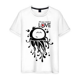 Мужская футболка хлопок с принтом Влюбленная медуза , 100% хлопок | прямой крой, круглый вырез горловины, длина до линии бедер, слегка спущенное плечо. | love | влюбленная медуза | любовь | медуза