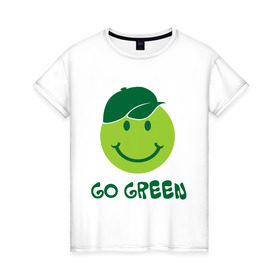 Женская футболка хлопок с принтом Грин смайл , 100% хлопок | прямой крой, круглый вырез горловины, длина до линии бедер, слегка спущенное плечо | eco | go green | green | зеленые технологии | зелень | планета | смайл | смайлик | чистота | эко | экология