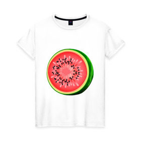 Женская футболка хлопок с принтом Половина арбуза , 100% хлопок | прямой крой, круглый вырез горловины, длина до линии бедер, слегка спущенное плечо | Тематика изображения на принте: арбуз | вкусное | девушкам | фрукты | фрукты и ягоды