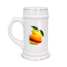 Кружка пивная с принтом мега яблоко ,  керамика (Материал выдерживает высокую температуру, стоит избегать резкого перепада температур) |  объем 630 мл | Тематика изображения на принте: апельсин | брызги | вода | лимон | фрукты | яблоко