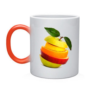 Кружка хамелеон с принтом мега яблоко , керамика | меняет цвет при нагревании, емкость 330 мл | Тематика изображения на принте: апельсин | брызги | вода | лимон | фрукты | яблоко