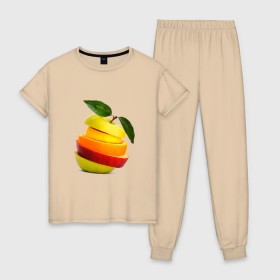 Женская пижама хлопок с принтом мега яблоко , 100% хлопок | брюки и футболка прямого кроя, без карманов, на брюках мягкая резинка на поясе и по низу штанин | Тематика изображения на принте: апельсин | брызги | вода | лимон | фрукты | яблоко