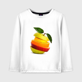 Детский лонгслив хлопок с принтом мега яблоко , 100% хлопок | круглый вырез горловины, полуприлегающий силуэт, длина до линии бедер | апельсин | брызги | вода | лимон | фрукты | яблоко