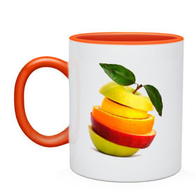 Кружка двухцветная с принтом мега яблоко , керамика | объем — 330 мл, диаметр — 80 мм. Цветная ручка и кайма сверху, в некоторых цветах — вся внутренняя часть | Тематика изображения на принте: апельсин | брызги | вода | лимон | фрукты | яблоко