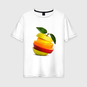 Женская футболка хлопок Oversize с принтом мега яблоко , 100% хлопок | свободный крой, круглый ворот, спущенный рукав, длина до линии бедер
 | Тематика изображения на принте: апельсин | брызги | вода | лимон | фрукты | яблоко