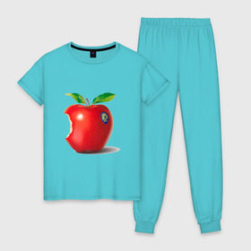 Женская пижама хлопок с принтом откусанное яблоко , 100% хлопок | брюки и футболка прямого кроя, без карманов, на брюках мягкая резинка на поясе и по низу штанин | apple | вкусное | девушкам | фрукты | фрукты и ягоды | яблоко