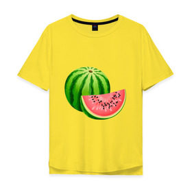 Мужская футболка хлопок Oversize с принтом Арбуз и долька , 100% хлопок | свободный крой, круглый ворот, “спинка” длиннее передней части | Тематика изображения на принте: арбуз | вкусное | девушкам | долька | фрукты | фрукты и ягоды