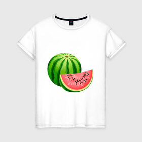 Женская футболка хлопок с принтом Арбуз и долька , 100% хлопок | прямой крой, круглый вырез горловины, длина до линии бедер, слегка спущенное плечо | арбуз | вкусное | девушкам | долька | фрукты | фрукты и ягоды