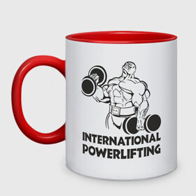 Кружка двухцветная с принтом International Powerlifting , керамика | объем — 330 мл, диаметр — 80 мм. Цветная ручка и кайма сверху, в некоторых цветах — вся внутренняя часть | 