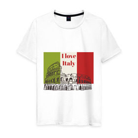 Мужская футболка хлопок с принтом Я love Италия , 100% хлопок | прямой крой, круглый вырез горловины, длина до линии бедер, слегка спущенное плечо. | Тематика изображения на принте: i love italy | италия | колизей | рим | флаг италии | я люблю италию