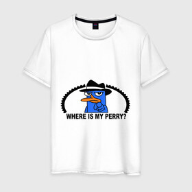 Мужская футболка хлопок с принтом Where is my Perry (вип лого) , 100% хлопок | прямой крой, круглый вырез горловины, длина до линии бедер, слегка спущенное плечо. | Тематика изображения на принте: where is my perry (вип лого) | вип лого | где моя перри | игры | разное