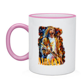 Кружка двухцветная с принтом Nirvana Kurt Cobain , керамика | объем — 330 мл, диаметр — 80 мм. Цветная ручка и кайма сверху, в некоторых цветах — вся внутренняя часть | kurt cobain | nirvana | курт кобейн | нирвана