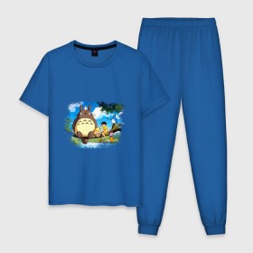 Мужская пижама хлопок с принтом Тоторо и его друзья , 100% хлопок | брюки и футболка прямого кроя, без карманов, на брюках мягкая резинка на поясе и по низу штанин
 | anime | totoro | аниме | анимэ. мой сосед тоторо | тоторо